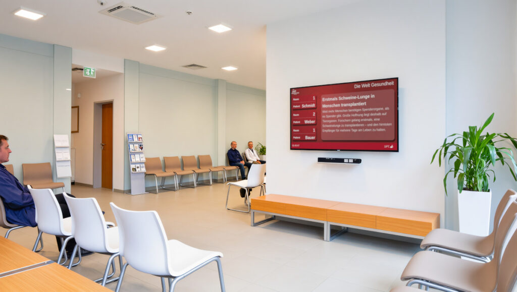 Digitales Aufrufsystem auf großem Bildschirm im modernen Klinik-Wartezimmer
