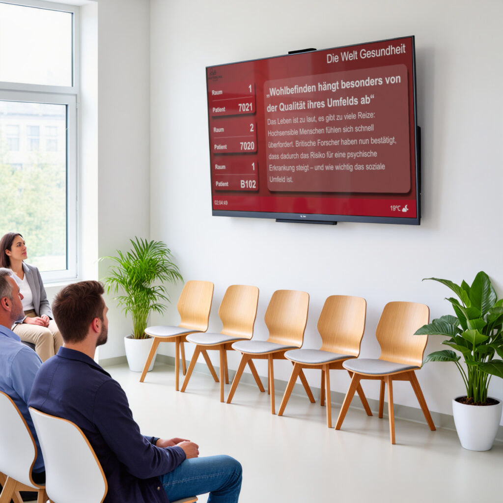 Digitales Aufrufsystem im modernen Wartezimmer einer Arztpraxis