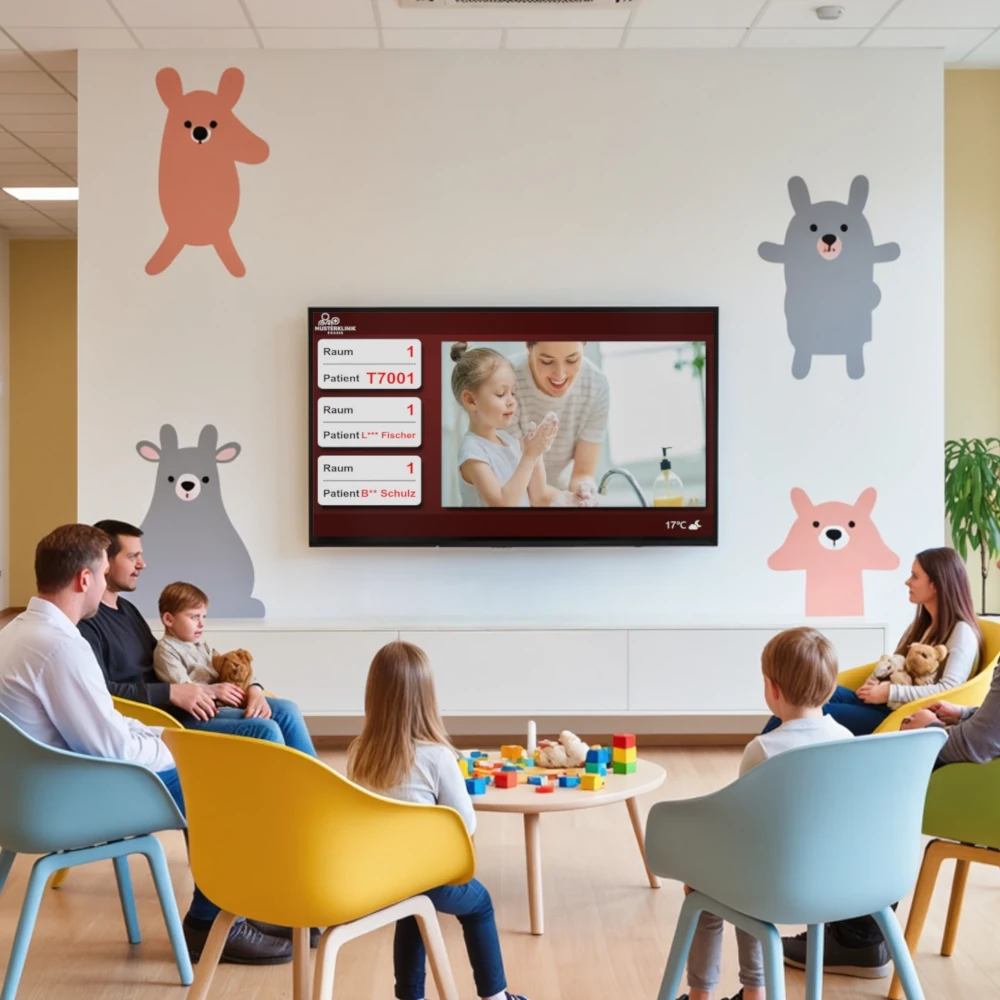 Ein helles und freundliches Wartezimmer einer Arztpraxis in Deutschland, in dem Familien mit Kindern ruhig sitzen, während ein großer Wandbildschirm ein digitales Aufrufsystem zeigt. Der Raum ist modern, geordnet und einladend gestaltet, mit bunten Stühlen und verspielten Tiermotiven an den Wänden.