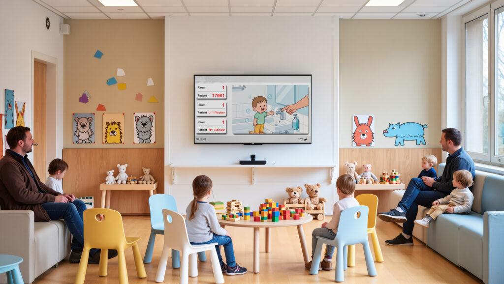 Digitales Wartezimmer-System in einer Kinderarztpraxis mit Eltern und Kindern
