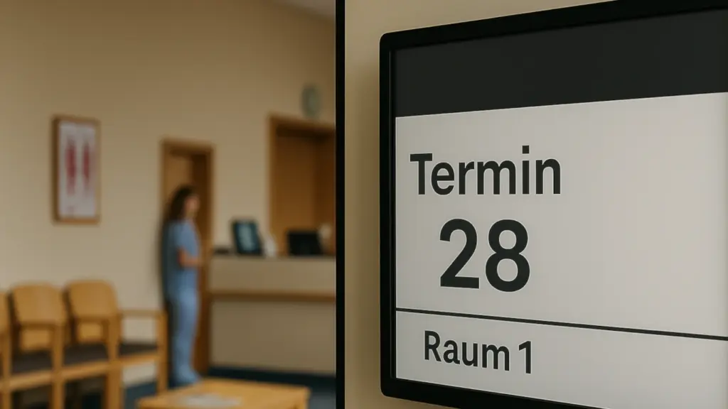 Digitales Termindisplay mit der Anzeige „Termin 28 – Raum 1“ an der Wand einer modernen Arztpraxis.