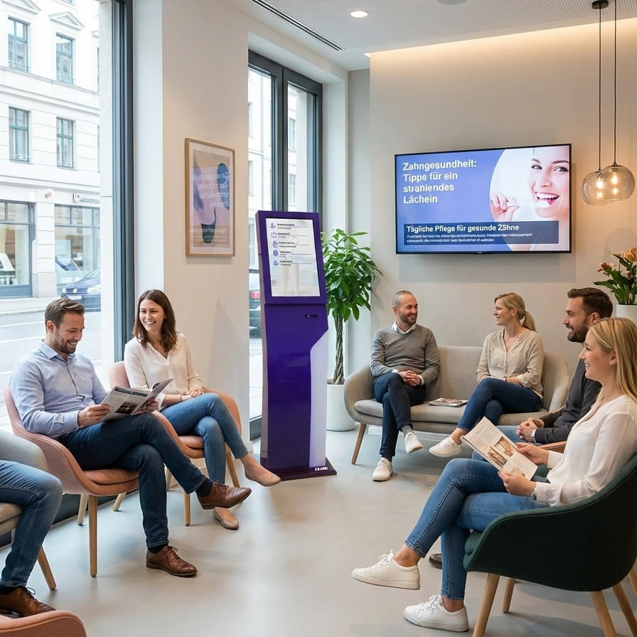 Modernes Wartezimmer in einer Zahnarztpraxis mit digitalem Aufrufsystem und Informationsbildschirm